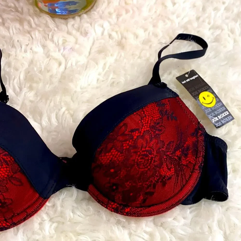 NWT Women's Juniors Joe Boxer Black Red Lace Bra Plunge 36B Straps